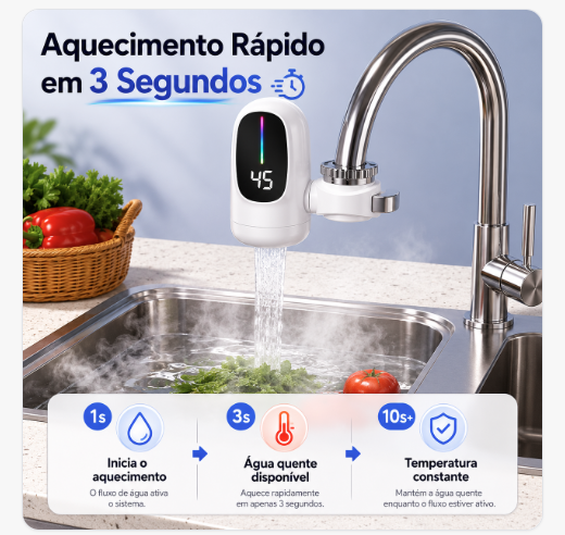 Aquecimento rápido em 3 segundos com o AquaLux Digital instalado na torneira